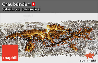 Physical Panoramic Map of Graubünden, lighten, semi-desaturated