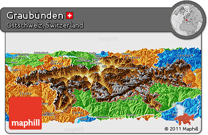 Physical Panoramic Map of Graubünden, political outside