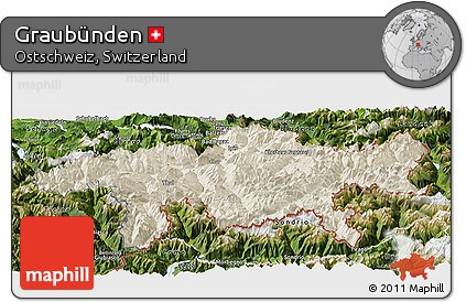 Shaded Relief Panoramic Map of Graubünden, satellite outside