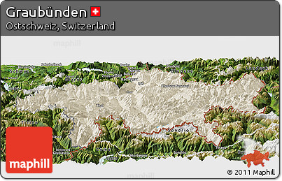Shaded Relief Panoramic Map of Graubünden, satellite outside