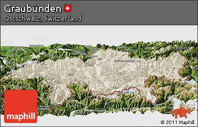 Shaded Relief Panoramic Map of Graubünden, satellite outside