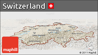 Shaded Relief Panoramic Map of Switzerland, lighten