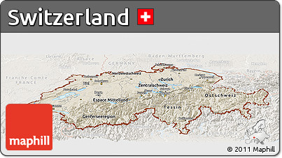 Shaded Relief Panoramic Map of Switzerland, lighten