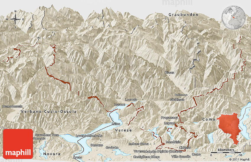 Shaded Relief Panoramic Map of Ticino