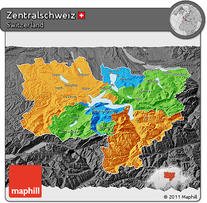Political 3D Map of Zentralschweiz, darken, desaturated