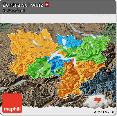 Political 3D Map of Zentralschweiz, darken, semi-desaturated