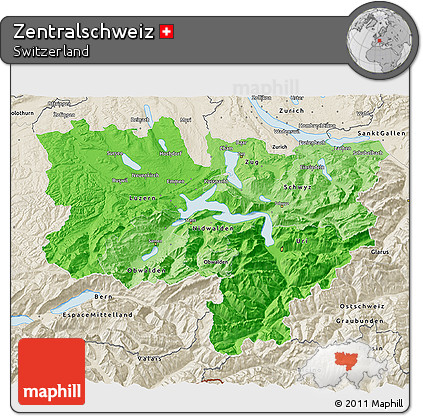 Political Shades 3D Map of Zentralschweiz, shaded relief outside