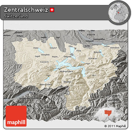 Shaded Relief 3D Map of Zentralschweiz, darken, semi-desaturated