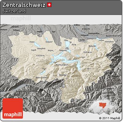 Shaded Relief 3D Map of Zentralschweiz, darken, semi-desaturated