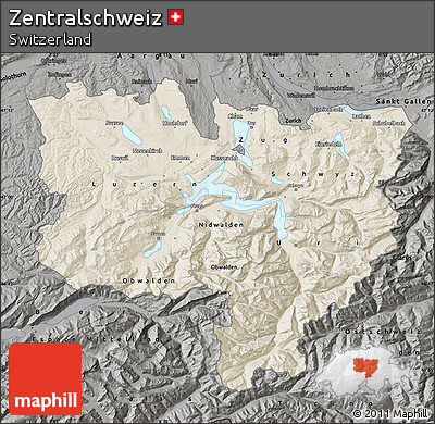 Shaded Relief Map of Zentralschweiz, darken, semi-desaturated