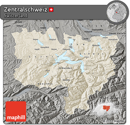 Shaded Relief Map of Zentralschweiz, darken, semi-desaturated