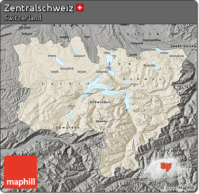 Shaded Relief Map of Zentralschweiz, darken, semi-desaturated