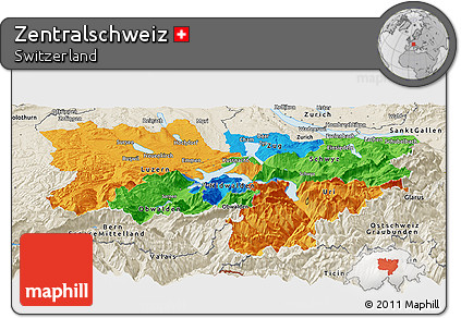 Political Panoramic Map of Zentralschweiz, shaded relief outside