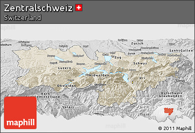 Shaded Relief Panoramic Map of Zentralschweiz, desaturated