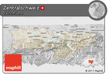 Shaded Relief Panoramic Map of Zentralschweiz, desaturated