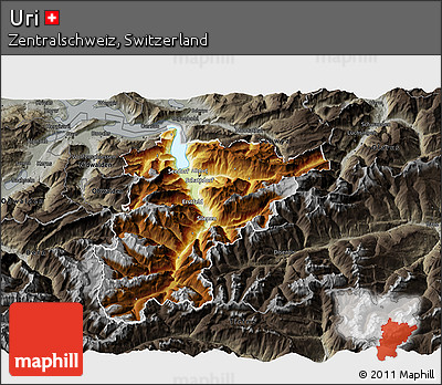 Physical 3D Map of Uri, darken, semi-desaturated