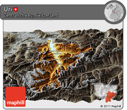 Physical 3D Map of Uri, darken, semi-desaturated