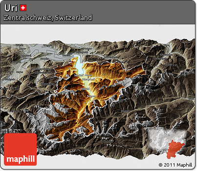 Physical 3D Map of Uri, darken, semi-desaturated