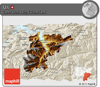 Physical 3D Map of Uri, shaded relief outside