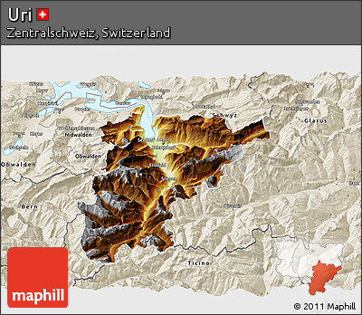 Physical 3D Map of Uri, shaded relief outside
