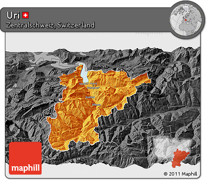 Political 3D Map of Uri, darken, desaturated