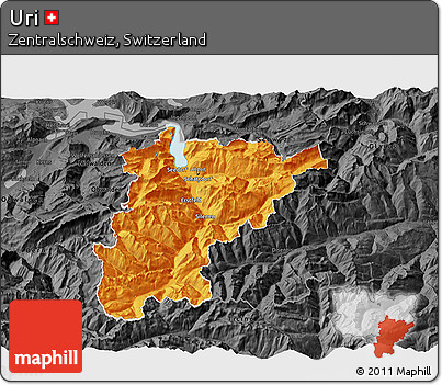 Political 3D Map of Uri, darken, desaturated