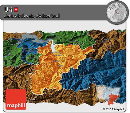 Political 3D Map of Uri, darken