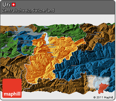 Political 3D Map of Uri, darken