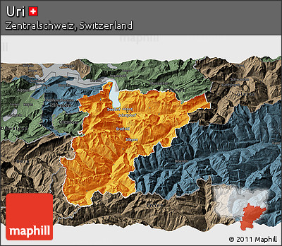 Political 3D Map of Uri, darken, semi-desaturated