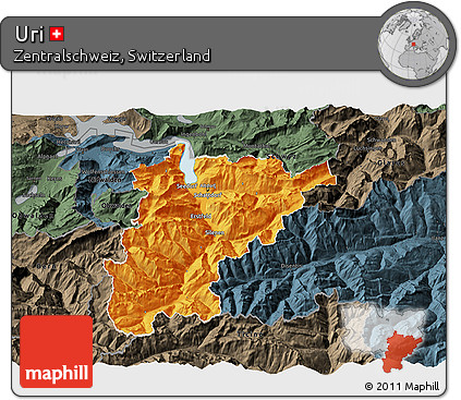 Political 3D Map of Uri, darken, semi-desaturated