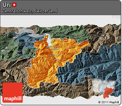 Political 3D Map of Uri, darken, semi-desaturated