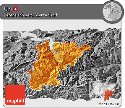 Political 3D Map of Uri, desaturated
