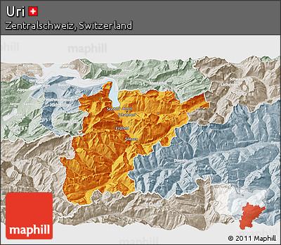 Political 3D Map of Uri, lighten, semi-desaturated
