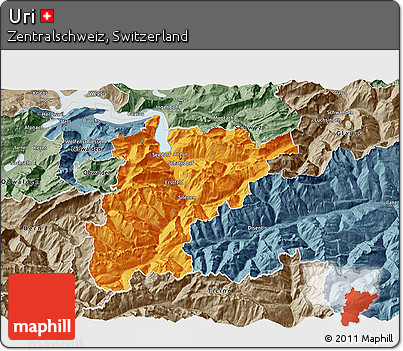 Political 3D Map of Uri, semi-desaturated