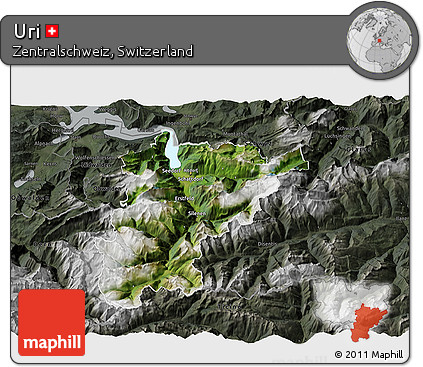 Satellite 3D Map of Uri, darken, semi-desaturated