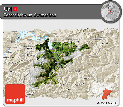 Satellite 3D Map of Uri, shaded relief outside