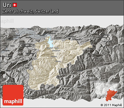 Shaded Relief 3D Map of Uri, darken, semi-desaturated