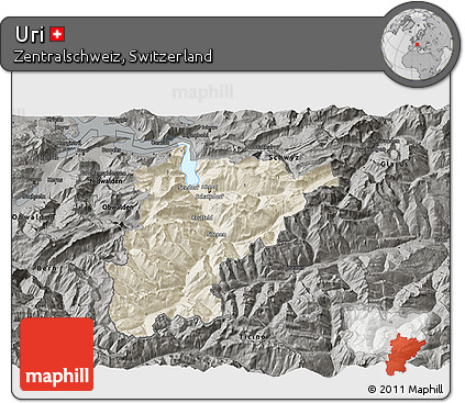 Shaded Relief 3D Map of Uri, darken, semi-desaturated