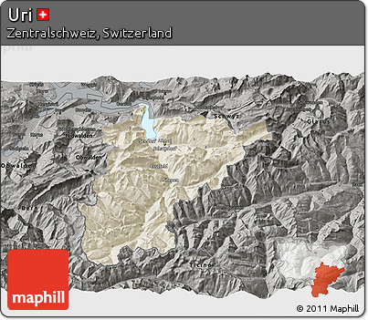 Shaded Relief 3D Map of Uri, darken, semi-desaturated