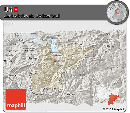 Shaded Relief 3D Map of Uri, semi-desaturated