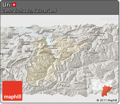 Shaded Relief 3D Map of Uri, semi-desaturated