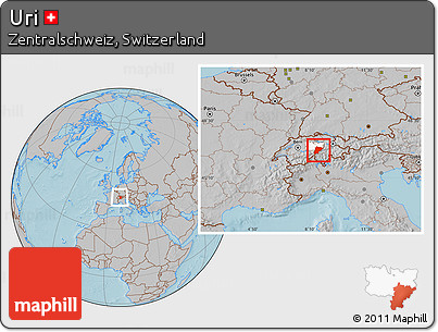 Gray Location Map of Uri, highlighted parent region, within the entire country, hill shading