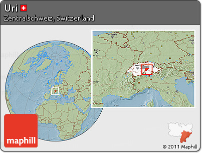 Savanna Style Location Map of Uri, highlighted country, highlighted parent region, within the entire country, hill shading