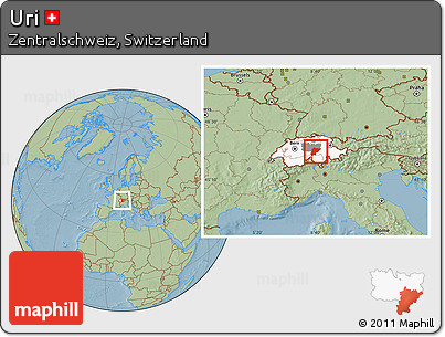 Savanna Style Location Map of Uri, highlighted country, highlighted parent region, hill shading