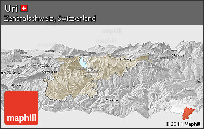 Shaded Relief Panoramic Map of Uri, desaturated