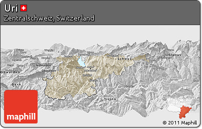 Shaded Relief Panoramic Map of Uri, desaturated
