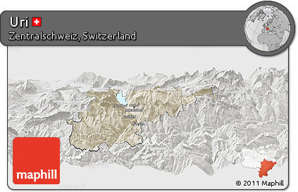 Shaded Relief Panoramic Map of Uri, lighten, semi-desaturated