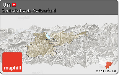 Shaded Relief Panoramic Map of Uri, lighten, semi-desaturated