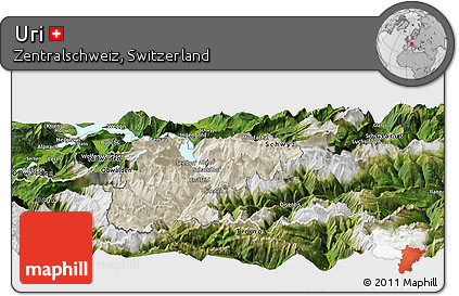 Shaded Relief Panoramic Map of Uri, satellite outside