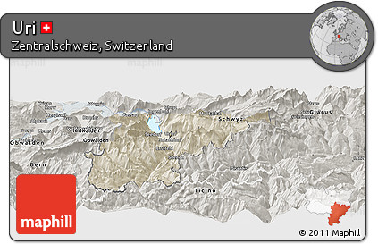 Shaded Relief Panoramic Map of Uri, semi-desaturated